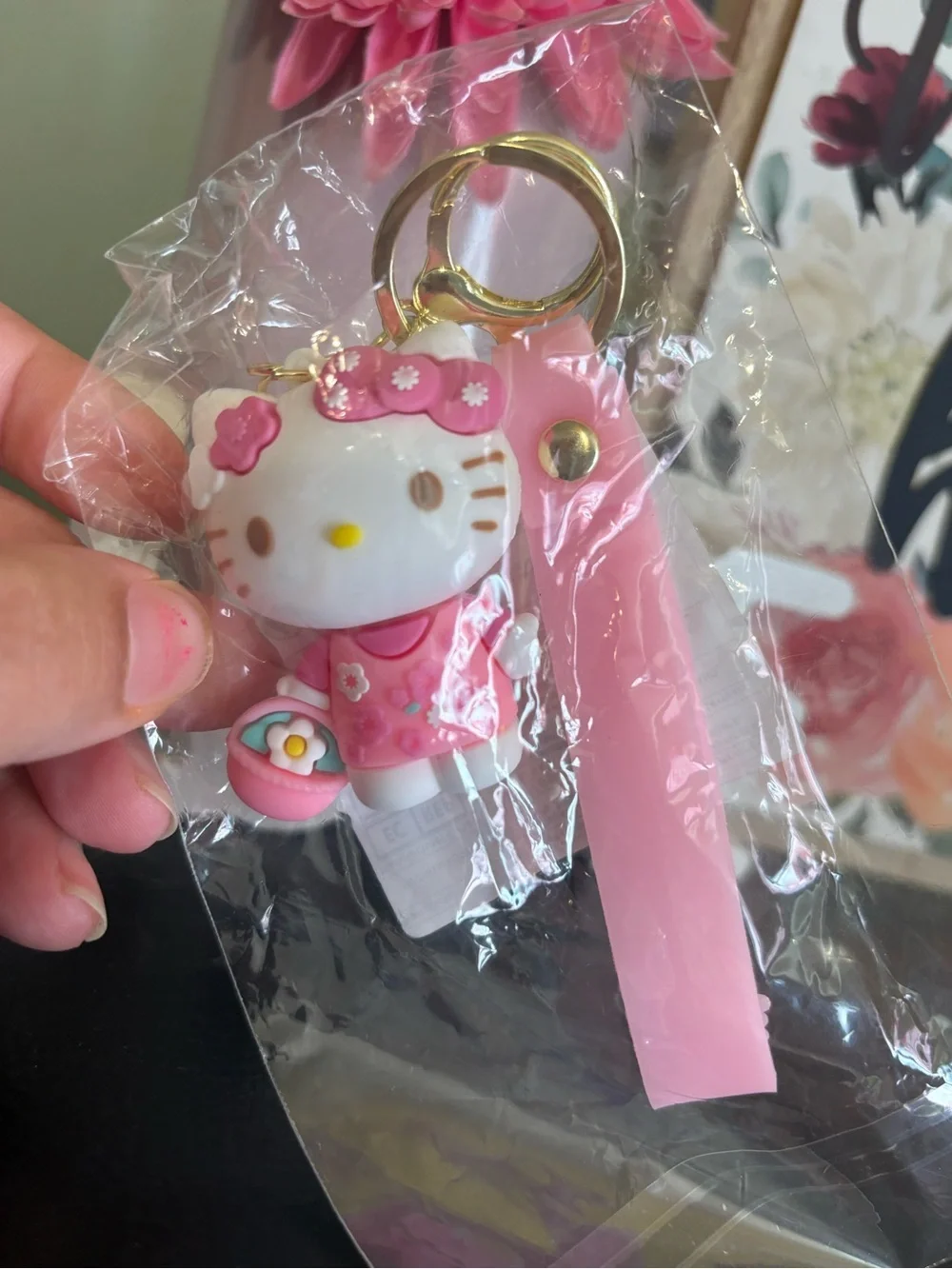 Sanrio Hello Kitty Pink Floral Silicone Keychain with Gold Ring